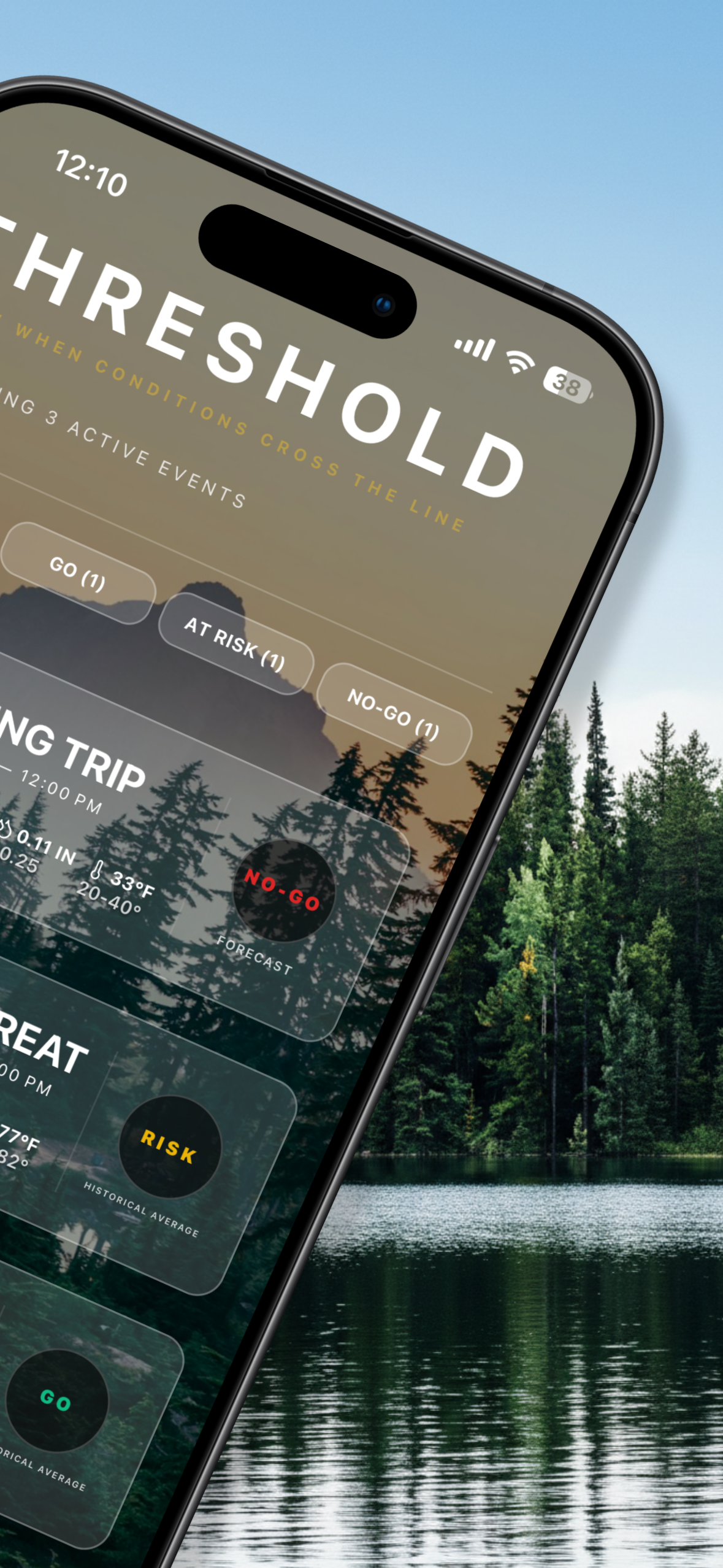 Threshold Weather app dashboard with event statuses and lake background