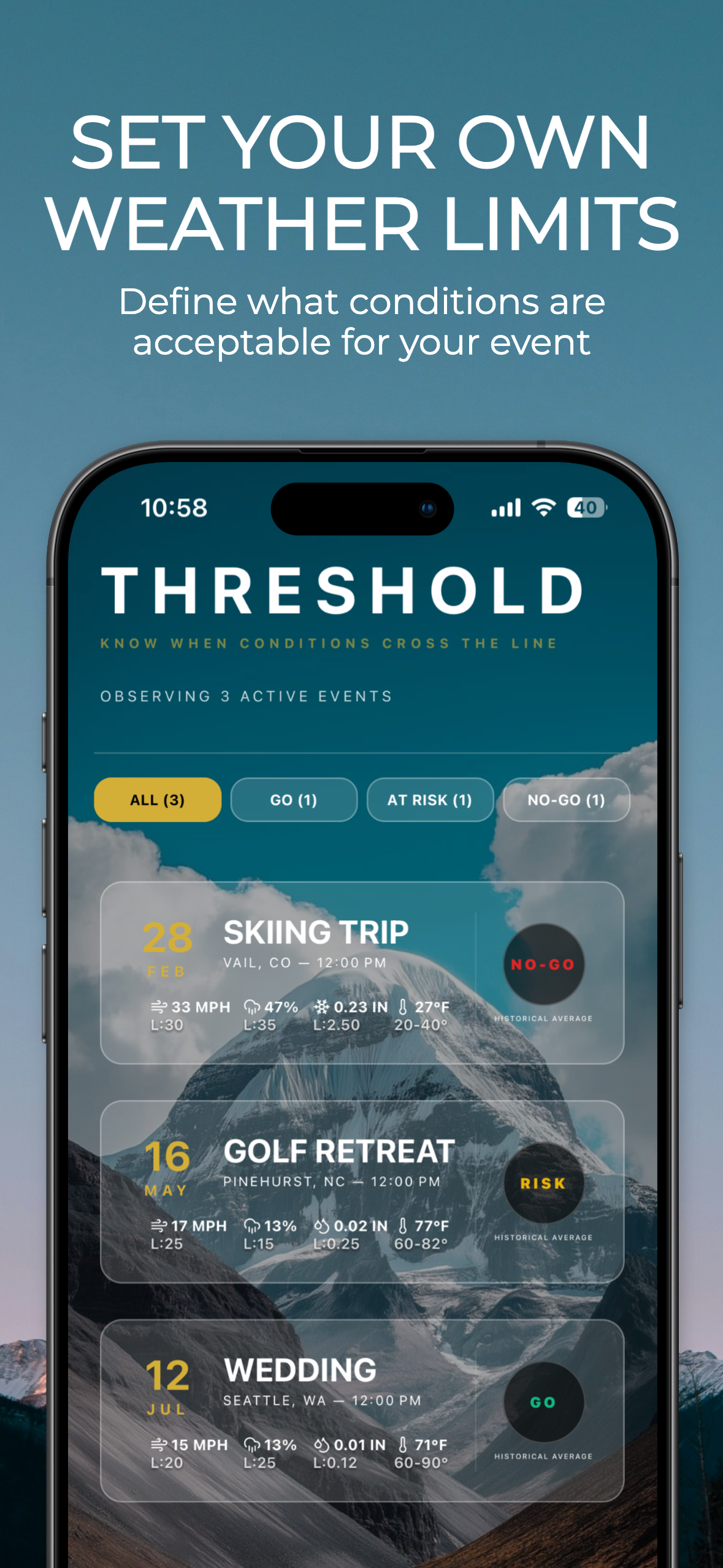Threshold Weather showing custom weather limit configuration with mountain backdrop