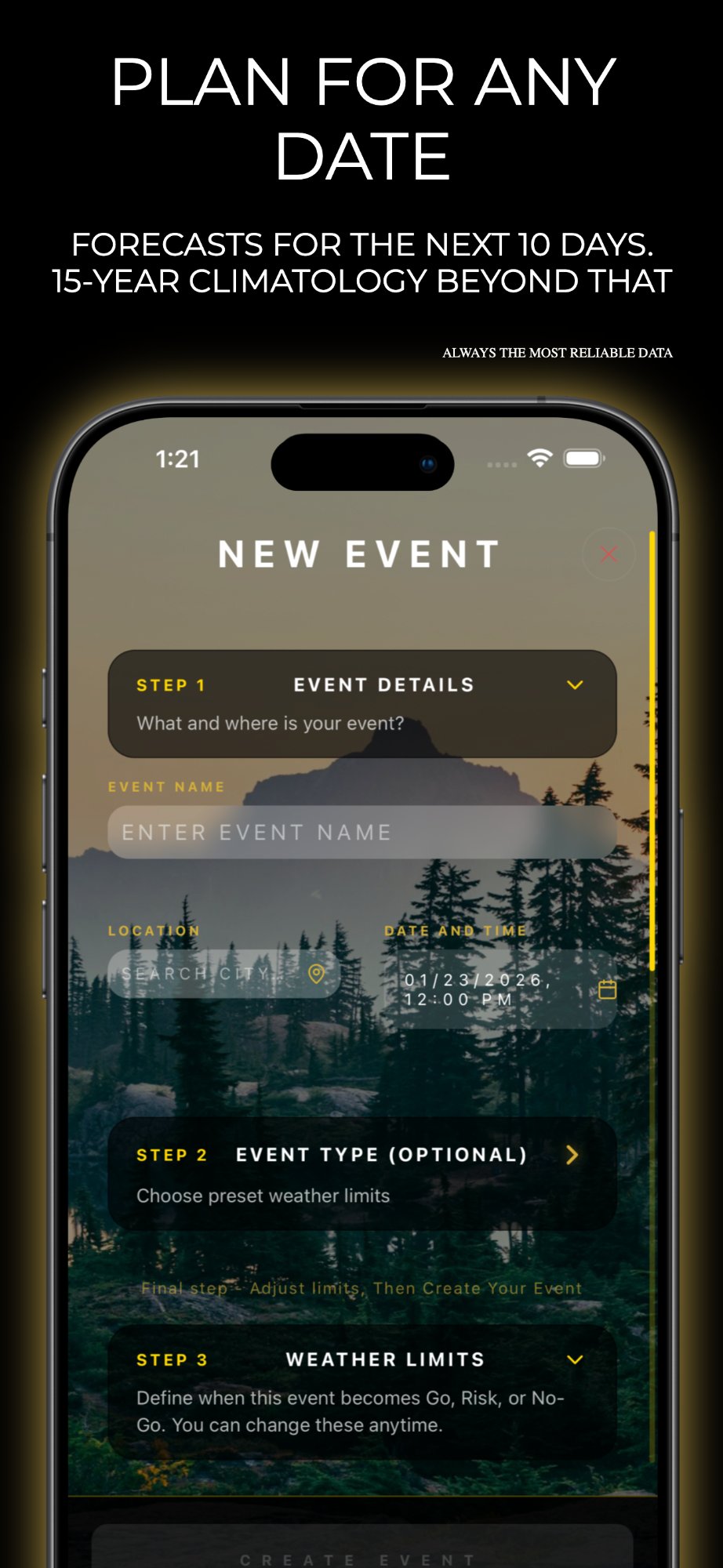 Threshold Weather edit event screen showing weather limit configuration